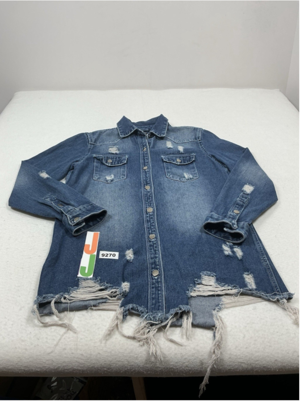Womans Excellent American Bazi Denim Jeans Blue Jean Distressed Shirt Jacket Med
